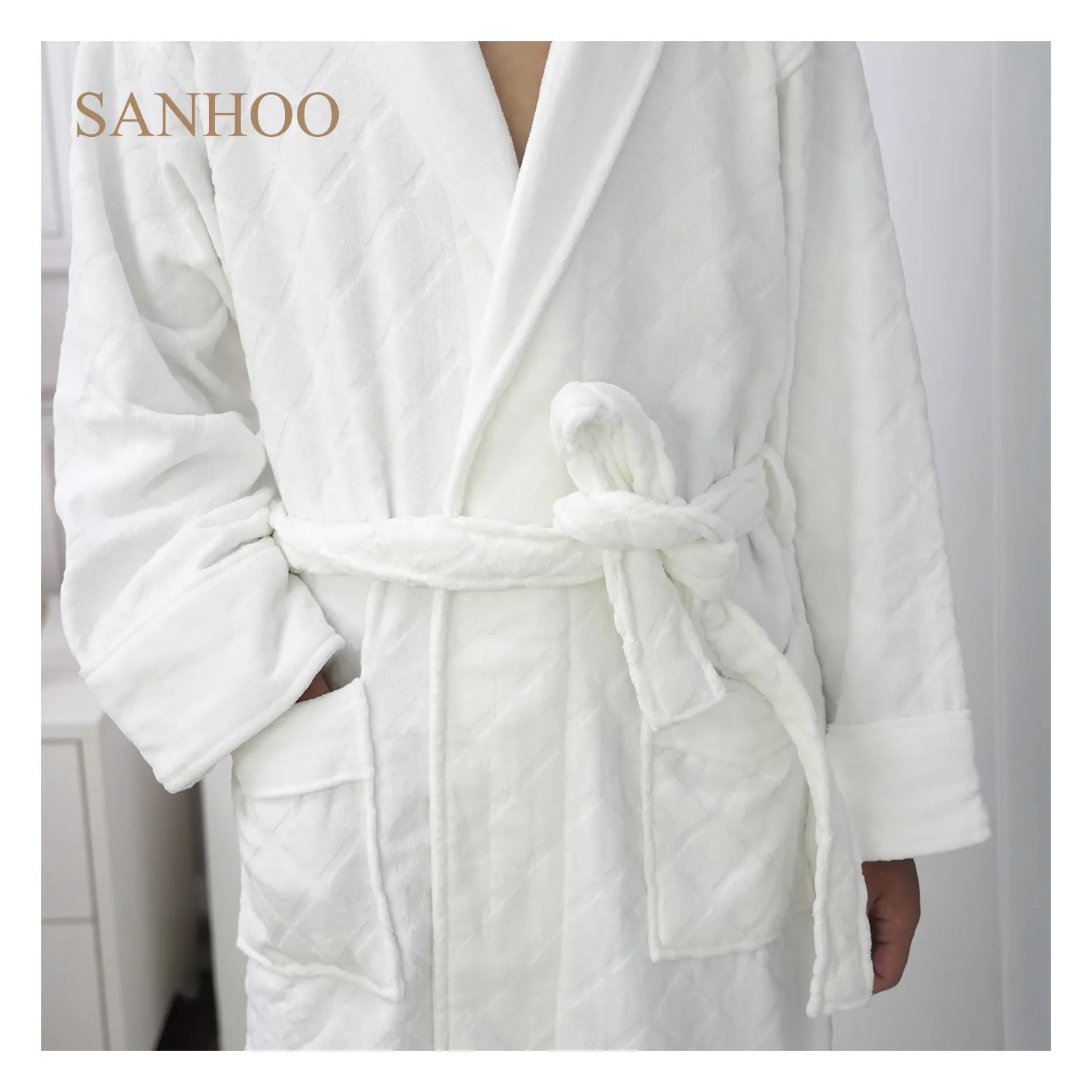 SANHOO Hochwertiger karierter Bademantel aus 100% Baumwolle aus Velours Hotel Finest Fluffy Bath Robe