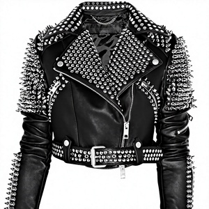 Punk Style Studded Cowhide <b>Leather</b> Men's Biker <b>Jacket</b> Plus Size <b>Winter</b> Zipper Closure Slim Fit Turn-down Collar - Product Image 1