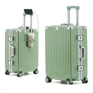 Multifunctional Waterproof PC Hard Shell Aluminum Frame Vintage Suitcase Luggage With Charging And Cup Holder