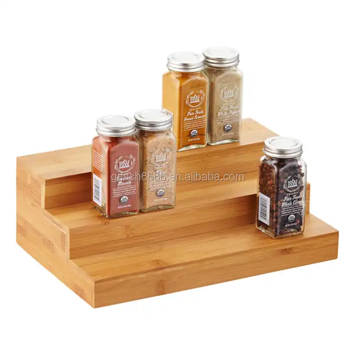 Wooden Spice Glass Jars Organizer - Expandable 3-Tier Shelf
