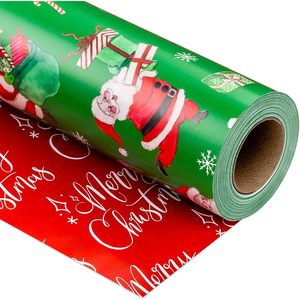 Vintage Christmas <b>Wrapping</b> <b>Paper</b> Green Reversible Santa Theme 17 Inch X 33 Feet Gift Wrap Craft Use Recyclable - Product Image 1