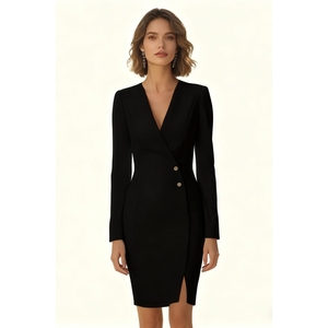 เดรสทรงเข้ารูปสีพื้นแขนยาวติดกระดุมผ่าหน้าสำหรับผู้หญิงสำหรับแฟชั่นฤดูใบไม้ร่วง - Product Image 5