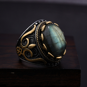 Vintage Gold Plated Stainless Steel Natural Gemstone <strong>Moon</strong> <strong>Stone</strong> <strong>Ring</strong> Flower Wave Pattern Design Party Wedding <strong>Rings</strong> Men Women - Product Image 3