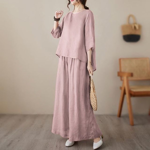 Women's Cotton <b>Linen</b> Two Piece <b>Set</b> Three Quarter Sleeve Solid Color Breathable Casual Suit Summer Fashion - Product Image 3