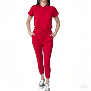 AQTQ Custom Women's Surgical <span class=keywords><strong>Jogger</strong></span> Red <span class=keywords><strong>Scrub</strong></span> <span class=keywords><strong>Set</strong></span> Manga corta Mao-Neck Top y <span class=keywords><strong>Jogger</strong></span> Pants - Product Image 1