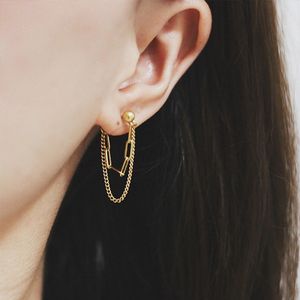 Boucles d'oreilles pendantes modernes en acier inoxydable plaqué or 18 carats, boucles d'oreilles à double chaîne, boucles d'oreilles à clous délicates, anti-ternissement, pour femmes - Product Image 3
