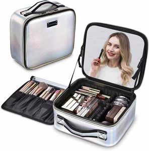 Boîte de maquillage laser holographique personnalisée de 25cm en PU, organisateur de maquillage étanche avec miroir intérieur, étuis à cosmétiques de voyage avec poignée - Product Image 3