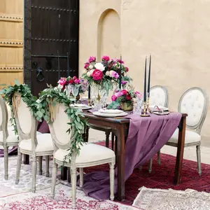 法国复古风格纽扣圆背橡木餐椅织物簇绒pouf路易丝婚礼椅出租活动