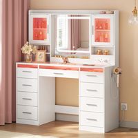 Coiffeuse moderne écologique avec miroir, éclairage RGB, station de charge, 9 tiroirs, 2 portes, plateau en MDF, blanc
