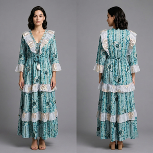 Robe longue bohème à imprimé floral avec volants, manches longues, coupe classique, taille élastique, style décontracté d'été, en rayonne pour femme - Product Image 3