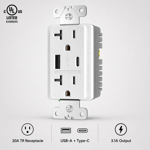 20 Amp Combo Charging Wall Plate USB-A Plus Type-C Port UL Listed for Office Renovation