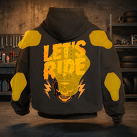 Sweat à capuche noir pour homme avec imprimé crâne jaune et protections, manches longues, design sublimé au dos, toutes saisons