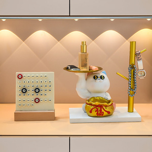 Lucky Cat Resin Ornament With Gold Tray And Money Bag Storage Desktop Decoration For Living Room Or Entryway - Product Image 3