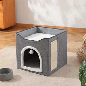 Lit pour chat pliable semi-fermé à double couche avec entrée carrée, griffoir en sisal - Product Image 2