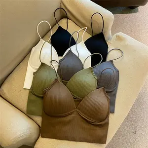 Women Seamless Crop Top Underwear Wire-Free V-Shaped Camisole Thin Straps Striped Solid Bralette Lingerie One-Piece Tube Tops