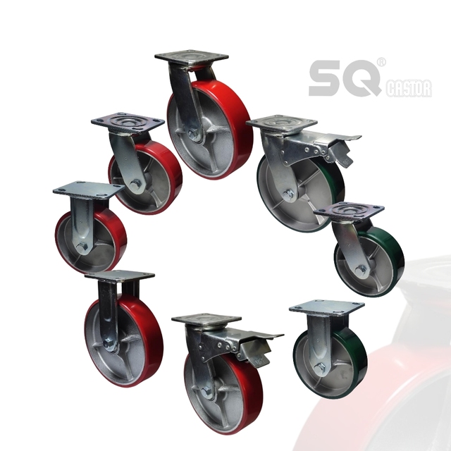 4 5 6 8 10 12 Inch Industrial High Load 400kgs 1.5ton 2ton Heavy Duty Trolley Swivel Cast Iron Pu Caster Wheels With Brake