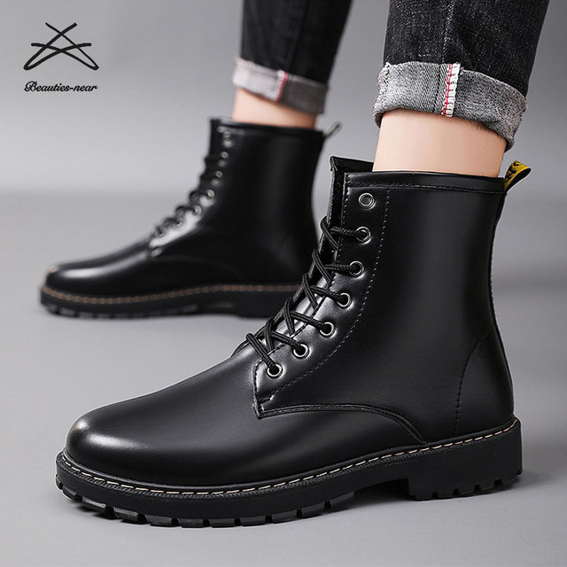 New Spring Casual Men Winter Men's Black Platform Ankle Fashion PU Leather Warm High Top Winter Boots Shoes