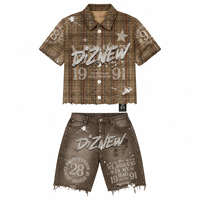 DiZNEW Maßgeschneidertes Y2K Vintage Kariertes Crop-Shirt Kurzarm Strass Distressed Puff Print Atlanta Streetwear Baggy Boxy OEM