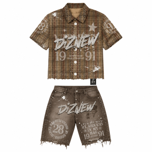 Camisa Corta a Cuadros Vintage Y2K Personalizada DiZNEW, Manga Corta, con Pedrería, Estampado Puff Desgastado, Estilo Urbano Atlanta, Holgada, OEM - Product Image 3