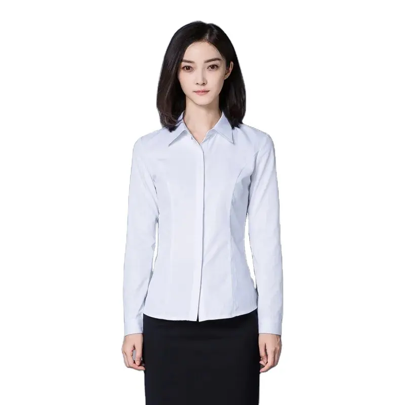 Traje de oficina profesional camisa blanca femenina de manga larga/manga corta slim fit hebilla oculta camisa inferior de gran tamaño