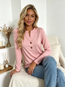 Oferta Especial: Top Casual para Mujer con Cuello Henley Rosa, Manga Larga, Decoración de Botones y Dobladillo Curvo para Uso Diario - Product Image 2