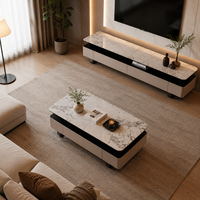Ensemble table basse et meuble TV en marbre beige crème moderne, structure en bois massif, écologique, durable, robuste, plateau surdimensionné, finition personnalisée 1