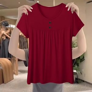 Plus Size Women's Loose Fit T-Shirt Maroon Short Sleeve Button Front Knitted Top Solid Color Summer Wear - Product Image 1