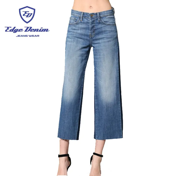 Tímido Botón de corte esmoquin amplia pierna alta Rise Jeans Mujer