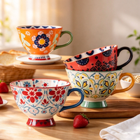 Mug en céramique peint à la main de style japonais, écologique, sans BPA, 420 ml, vintage, embossé, compatible micro-ondes, tasse à lait