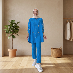 Blue Classic Solid Rhinestone-Embellished 100% <b>Linen</b> Women's 2-Piece Long <b>Set</b>-Eco-Friendly & Breathable - Product Image 3