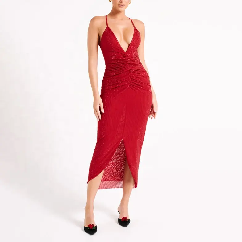 Vestidos de noche rojos para mujer Cuello en V profundo Tirantes finos Vestido MIDI sexy Vestido de lujo fruncido con diamantes calientes para mujer