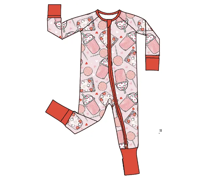 Benutzer definierte rosa Saft Muster Kleinkind Baby Bambus & Milch Seide Schlafanzug mit Falte über Hände und Füße