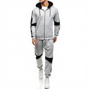 Ensemble de survêtement pour homme gris et noir à blocs de couleur, sweat-shirt à capuche entièrement zippé et pantalon, tenue décontractée d'automne avec poches latérales - Product Image 1