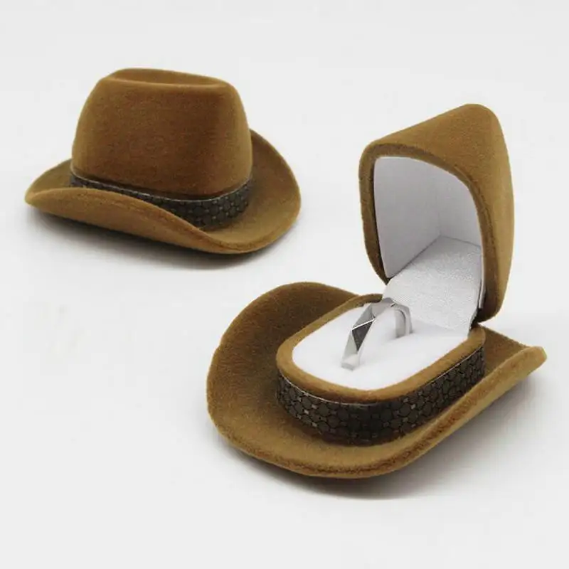 Оптовая продажа, свадебная Обручальная ковбойская шляпа, коробка для упаковки ювелирных изделий, бархатная Подарочная коробка для украшения, поддержка логотипа на заказ
