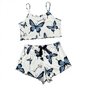 Conjunto de Top Corto y Shorts para Mujer, Otoño, Transpirable, Elegante, Estampado de Mariposas, Tirantes Finos, Cintura Elástica, Espalda Descubierta, Sexy - Product Image 2