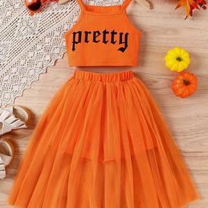 Conjunto <span class=keywords><strong>de</strong></span> <span class=keywords><strong>Ropa</strong></span> <span class=keywords><strong>para</strong></span> Niña, Estilo Veraniego, <span class=keywords><strong>de</strong></span> 5 a 14 <span class=keywords><strong>Años</strong></span>, Chaleco sin Mangas, Falda <span class=keywords><strong>de</strong></span> Malla, Conjunto <span class=keywords><strong>de</strong></span> Dos Piezas - Product Image 1