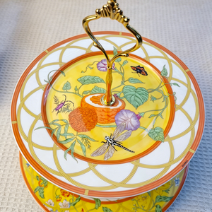 Yellow Floral Insect Print Bone China 2 Tier Cake Stand With Gold Handle Fine <b>Ceramic</b> Dessert Stand For Party Wedding - Product Image 4