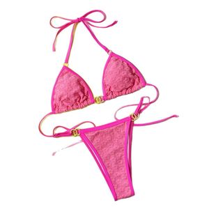 Bikini rose vif à <span class=keywords><strong>fleurs</strong></span> 3D en relief pour femme, maillot de bain deux pièces à coupe haute <span class=keywords><strong>avec</strong></span> anneau métallique, personnalisable <span class=keywords><strong>avec</strong></span> logo OEM/ODM - Product Image 5