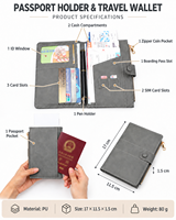 Portefeuille de voyage en cuir PU avec logo personnalisé, porte-passeport, fenêtre d'identification, pochette à fermeture éclair pour pièces de monnaie, emplacements pour cartes SIM, organiseur pour hommes et femmes