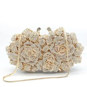 炫目女性金色玫瑰花镂空水晶金属晚装手拿包小晚装派对手拿包