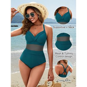 Traje de baño de una pieza para mujer, control de abdomen, cuello en V, sin mangas, cintura alta, con panel de malla para playa o piscina - Product Image 4