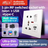 Prise murale universelle multifonction 5 broches 13A 16A avec interrupteur, néon, USB et charge rapide Type-C, ignifuge, pour bureau