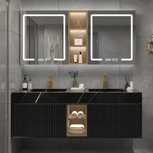 Lanjia 2022 New AZG022 Double Sink Vanity Bathroom Vanity With Top Long Mirror Cabinet Large Bathroom Cupboard