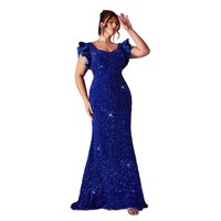 Robe de soirée longue en mousseline de soie bleue à sequins, style européen-américain, grande taille, coupe sirène évasée et ajustée pour femme