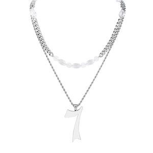yunnique Unisex <b>Titanium</b> Steel Layered Necklace With Number 7 Pendant And Beaded <b>Chain</b> For Punk Fashion - Product Image 5