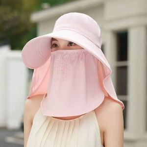 Sombrero de sol de seda helada de verano con cubre rostro y protector de cuello UPF 50 para mujer, ala ancha, color liso: caqui, blanco roto, rosa, negro, gris - Product Image 2