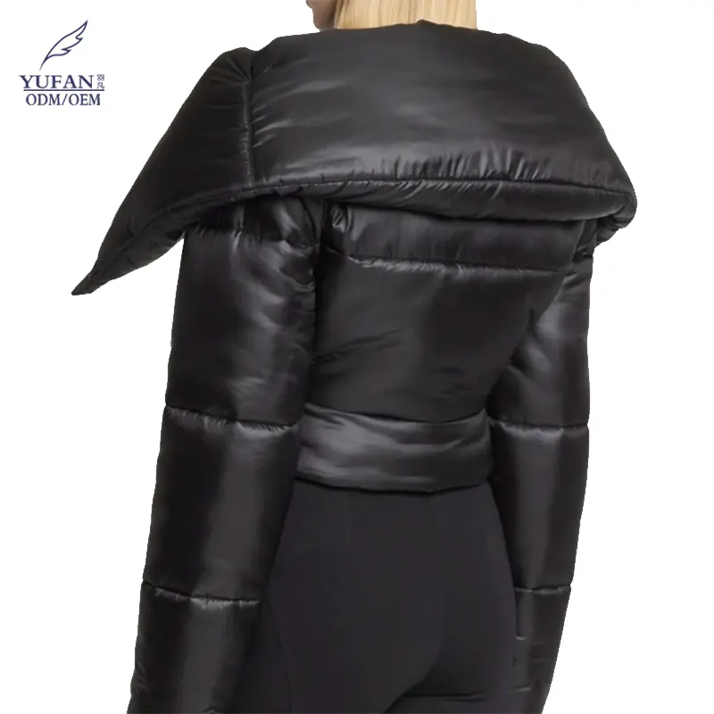 يوفان تصميم جديد سترة سوداء بطية صدر معطف معطف أوز وبط للنساء معطف قصير لامع للسيدات