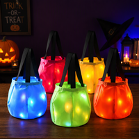 Holdfly Panier à bonbons d'Halloween en coton vierge avec LED, personnalisable avec nom, sac réutilisable lumineux pour bonbons et trucs ou tracaux, vente en gros
