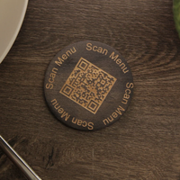 Panneau de table rond en bois moderne personnalisé avec code QR, menu gravé, logo personnalisé pour restaurant, café, affichage Wi-Fi