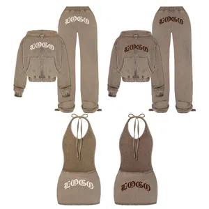 Setelan pakaian olahraga kustom untuk wanita katun French Terry antik asam cuci tertekan Hoodie Sweatpants dan Set pelari Hoodie wanita